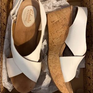 Clarks White Cork Wedge Sandals